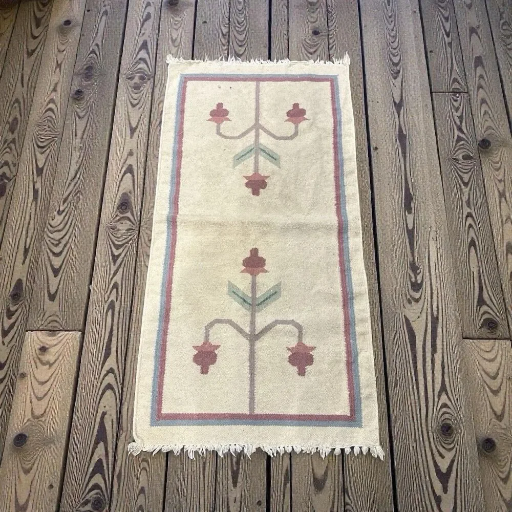 Vintage TREE OF LIFE Flat Weave Wool Rug Hand Woven 24x47” Runner Entry Pastel